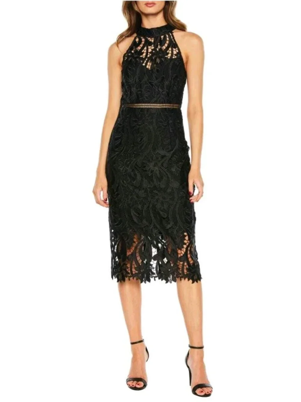 BARDOT EMBROIDERED SLEEVELESS LACE STRETCH PENCIL DRESS BLACK SIZE 4 - Picture 4 of 5